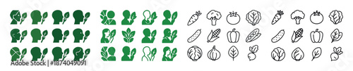 Silhouette and line art of various vegetables on white background