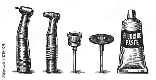A vintage-style illustration features dental equipment including a handpiece, polishing brush, and a tube of fluoride paste, presented on a white background.