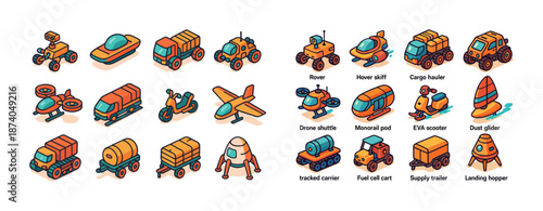 Futuristic vehicles and equipment collection with various transport designs