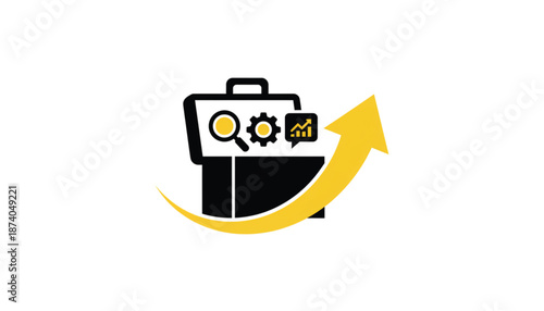 Black Briefcase with Yellow Arrow and Icons on White