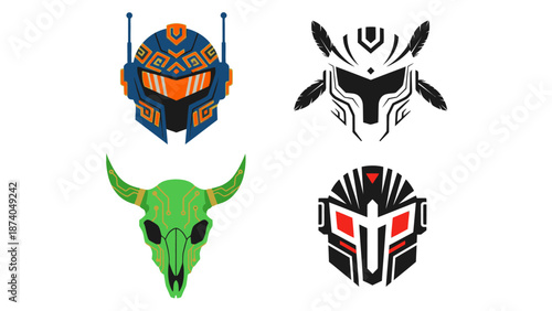 Futuristic emblems and abstract designs featuring robotic and animal motifs in a minimalist style