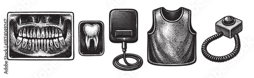 Vintage illustration style depicts dental x-ray, tooth, microphone, vest, and a button with a coiled cord, symbolizing medical and communication concepts.
