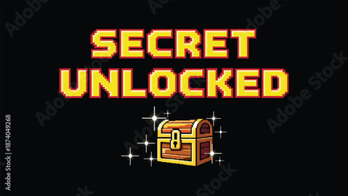 Secret unlocked pixel style game reward illustration with glowing treasure chest, achievement message and retro gaming concept