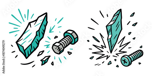Cartoon shattered glass and metal screw impact