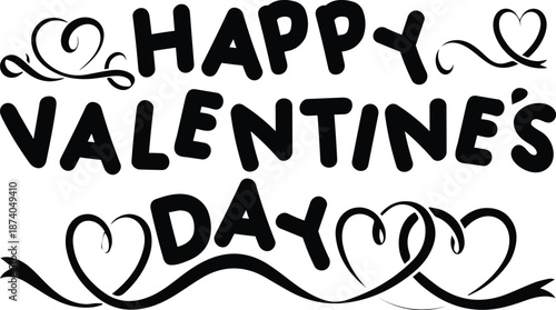 Happy valentine's day bold lettering with decorative hearts and swirls for festive greetings