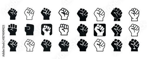 Set of black and white raised fist icons symbolizing solidarity and strength