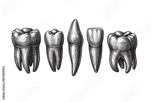 A classic, monochromatic engraving depicts various human teeth in detailed line art against a clean white background, ideal for educational or medical graphics.
