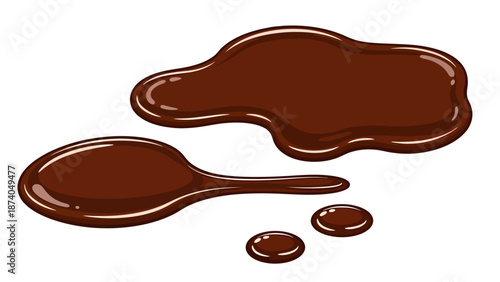 Glossy pools of viscous dark chocolate sprawl across a white background in a stylized vector design, forming a large irregular puddle, a stretched smear, and two small distinct droplets