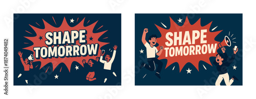 Group of diverse cartoon characters celebrating with phones and megaphone