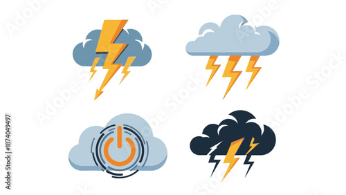 Weather icons depicting various stormy conditions with lightning and power symbol