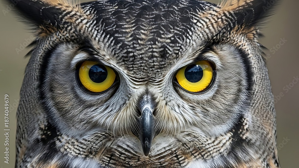 Fototapeta premium Closeup of owl with yellow eyes looking directly