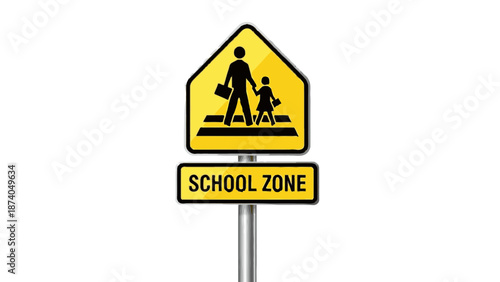 Illustration of a school zone sign with a graphic of a person walking a dog and a child on a white background viewed from the front