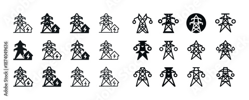Set of black and white electricity tower icons with various designs