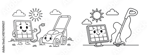 Cartoon solar panels powering lawnmower and grass trimmer in sunny garden