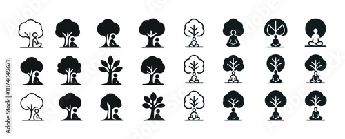 Tree and meditation yoga icons set: silhouettes of nature and mindfulness poses