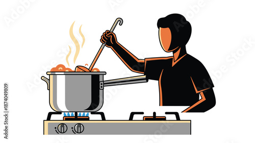 A person silhouetted against a black background, stirring food in a pot on a gas stove with steam rising.
