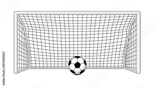 A soccer ball positioned in front of a white net goal on a white background, ready for a game.