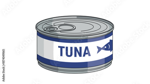 A simple illustration of a silver tin can labeled 'TUNA' with a blue band and a fish icon.