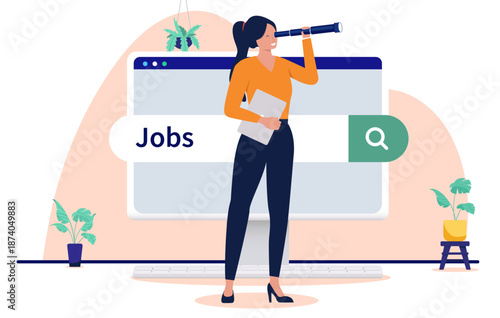 Young businesswoman looking through a spyglass at a digital jobs search bar on a computer monitor to find new career opportunities and employment in a modern flat design vector illustration