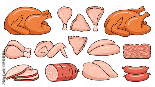 A collection of assorted raw chicken pieces, including whole chickens, drumsticks, wings, breasts, and ground meat.