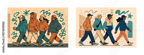 Group of diverse young adults walking and chatting in urban setting