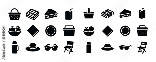 Picnic icons set: basket, sandwich, fruits, and more