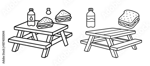 Picnic table with sandwiches and water bottles in line art style