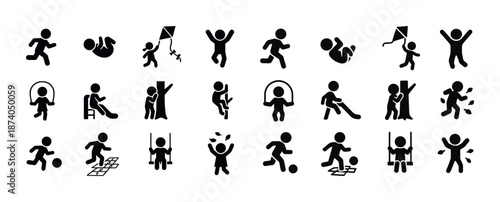 Various kids outdoor activities: playful silhouettes of childhood fun