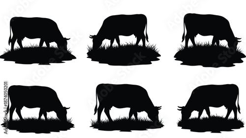 Six black silhouettes of cows grazing peacefully in a field of grass, depicting farm animals and livestock.