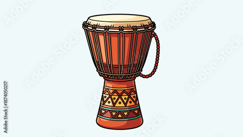 A traditional African djembe drum, intricately decorated with colorful geometric patterns, resting on a light blue background.