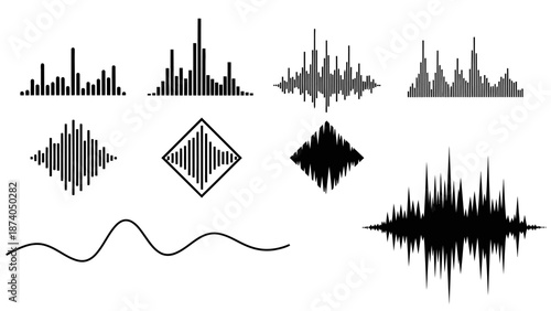 Collection of various sound wave and audio signal icons in different styles and formats