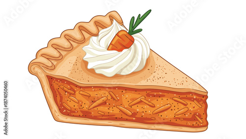 A slice of carrot cake topped with whipped cream, a small carrot decoration, and a sprig of mint or rosemary.