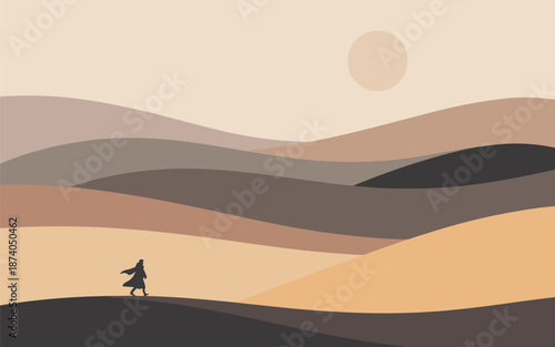 A lone traveler walking through a serene desert landscape at sunset with rolling dunes and a calm atmosphere