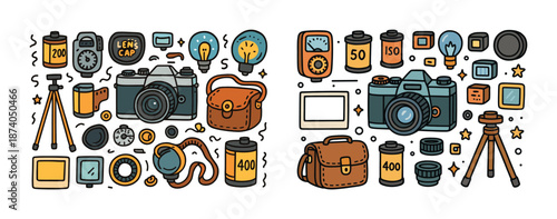 Vintage film cameras and photography equipment doodle art