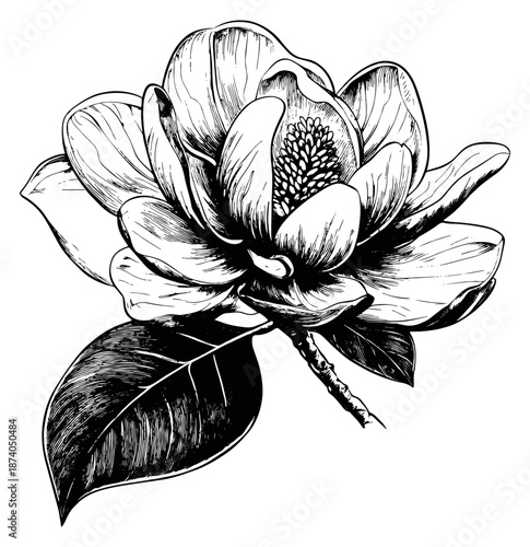 Hand drawn line art illustration of a magnolia flower depicting its blooming beauty for natural designs