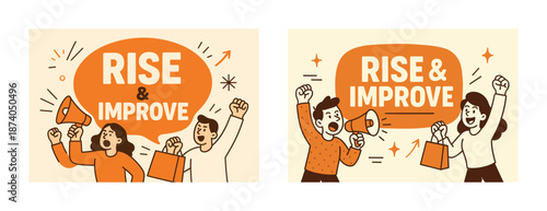 Motivated group celebrating with megaphones and signs in orange theme