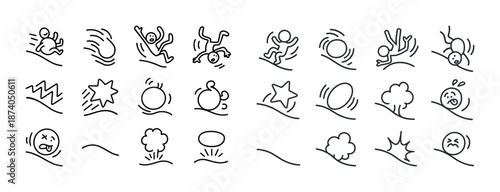 Cartoon stick figures rolling and tumbling in various fun poses