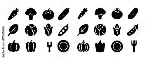 Collection of black vegetable silhouettes: carrot, broccoli, tomato, cabbage, corn, peas