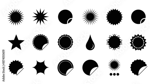 Collection of abstract black icons on white background featuring various shapes and designs