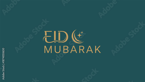 Elegant calligraphy spells 'EID MUBARAK' with a crescent moon and star symbol, set against a deep teal background, conveying Islamic celebratory greetings.
