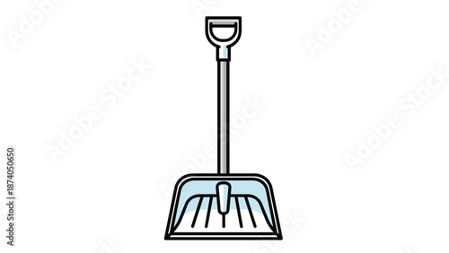 A simple, clean illustration of a dustpan with a long handle, ready for sweeping and cleaning, presented on a white background.