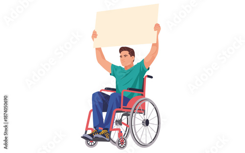 Man in wheelchair holding sign aloft in joyful illustration