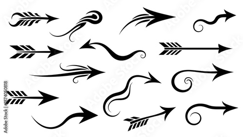 Decorative curly arrow icons set with tribal flourishes swish lines and creative motion pointers