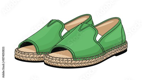 A pair of stylish green espadrille sandals with an open toe and woven sole, presented on a white background, perfect for summer fashion.