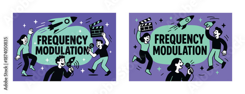 Animated characters celebrating frequency modulation with rocket and microphone
