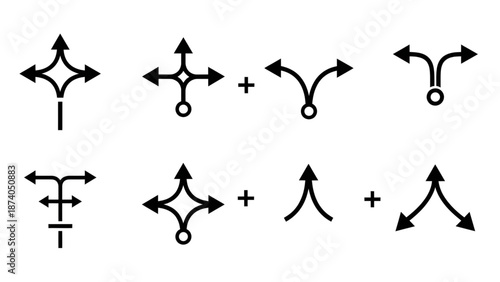 Intersection arrow icons set with road forks pathway signs and navigation symbols for map design