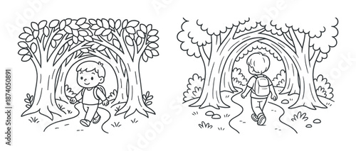 Young boy exploring forest trail in line art drawing, front and back views