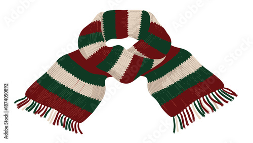 A festive, striped scarf in red, green, and cream colors with fringed ends, coiled to suggest warmth and holiday cheer.
