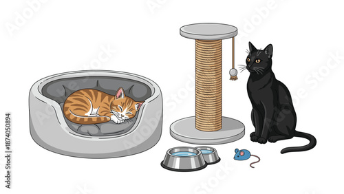 A serene scene with a sleeping tabby cat in a comfortable bed, a black cat playing with a mouse toy near a scratching post and food bowls, depicting pet life.