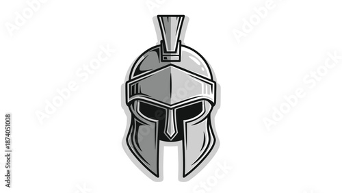 A stern, metallic Spartan helmet with a protective visor and crest, rendered in shades of grey, evoking ancient warfare and mythology.